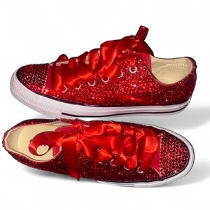 All Red Siam Luxe Crystal Red Low Top Converse Sizes 5-14 With Ribbon Laces New